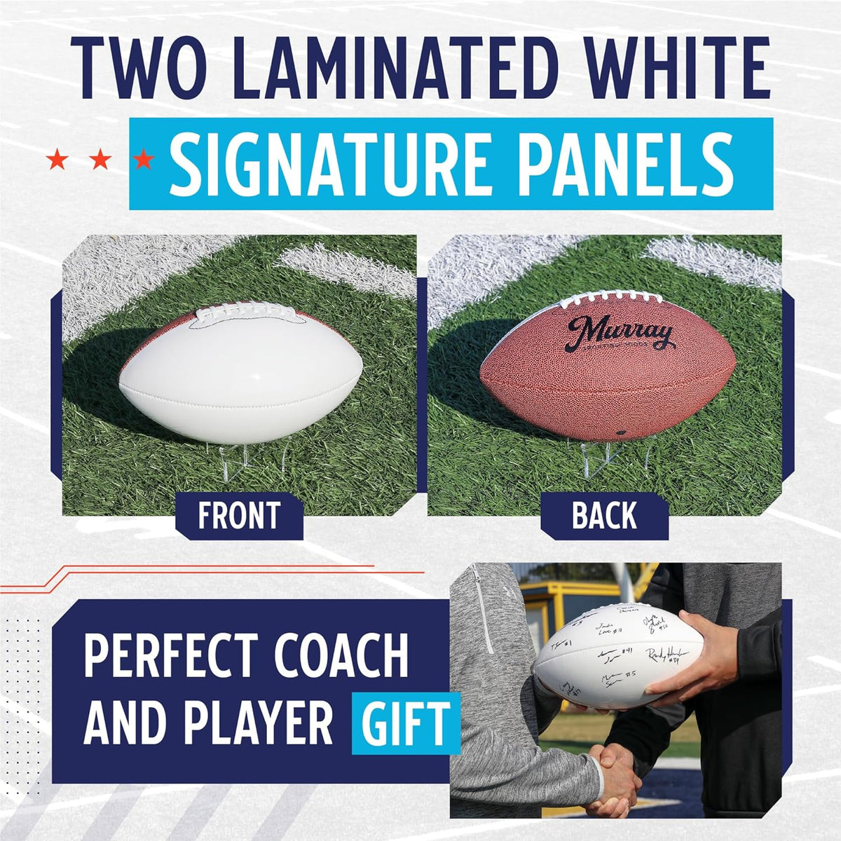 Murray Sporting Goods Autograph Football with Stand - Two White Panels  Signature Ready Display Trophy Case Signable Regulation Size Full 12 Inch